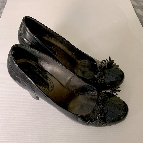 Shiny black real patent leather loafers with tassel & bow comfy block heels Eu39 - Picture 9 of 16